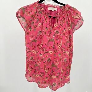 LOFT Small Pink Paisley Tie-Neck Cap Sleeve Blouse